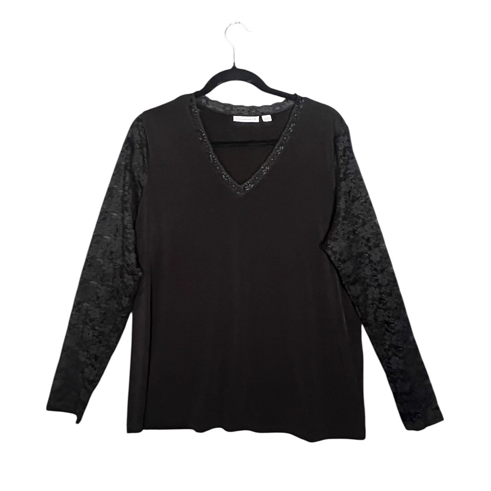 Susan Graver Black V-Neck Top Lace Sleeves Womens Large Whimsigoth Liquid Knit - Picture 1 of 10